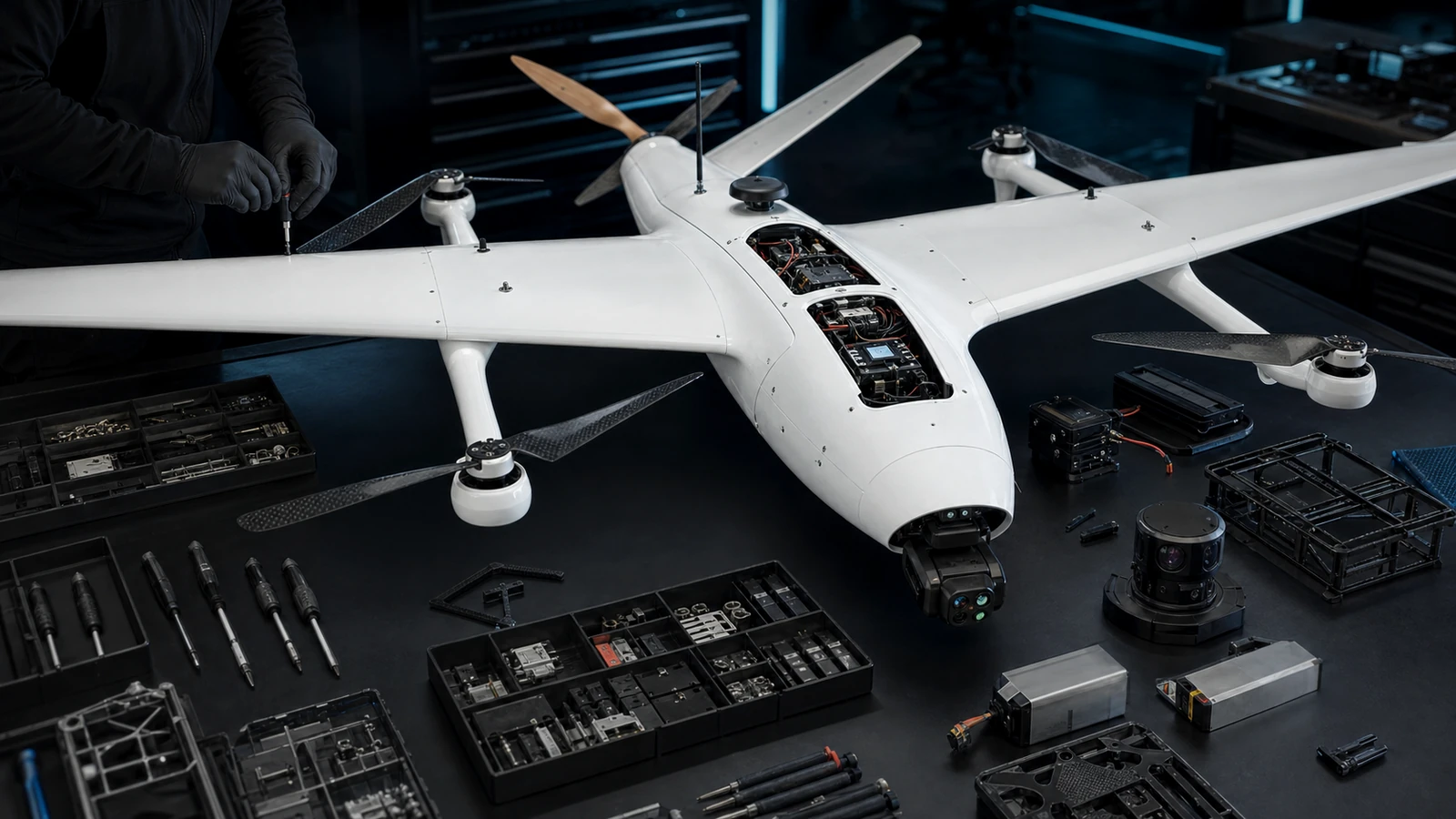 Drone VTOL em linha de montagem com sensores e componentes